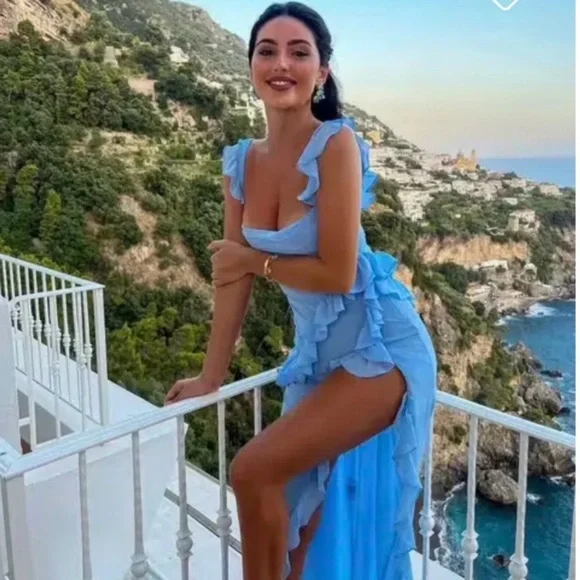 HOUSE OF CB 'Ariela' Soft‎ Blue Ruffle Maxi Dress NWOT size L - Picture 2 of 13